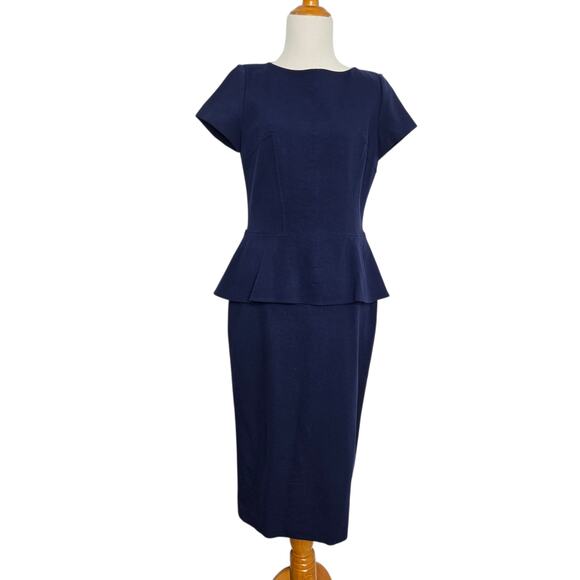 Lafayette 148 Navy Peplum Sheath Dress Short Sleeves Ponte Career Women 6 - Picture 1 of 11